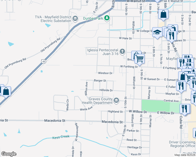 map of restaurants, bars, coffee shops, grocery stores, and more near 1101 South 12th Street in Mayfield