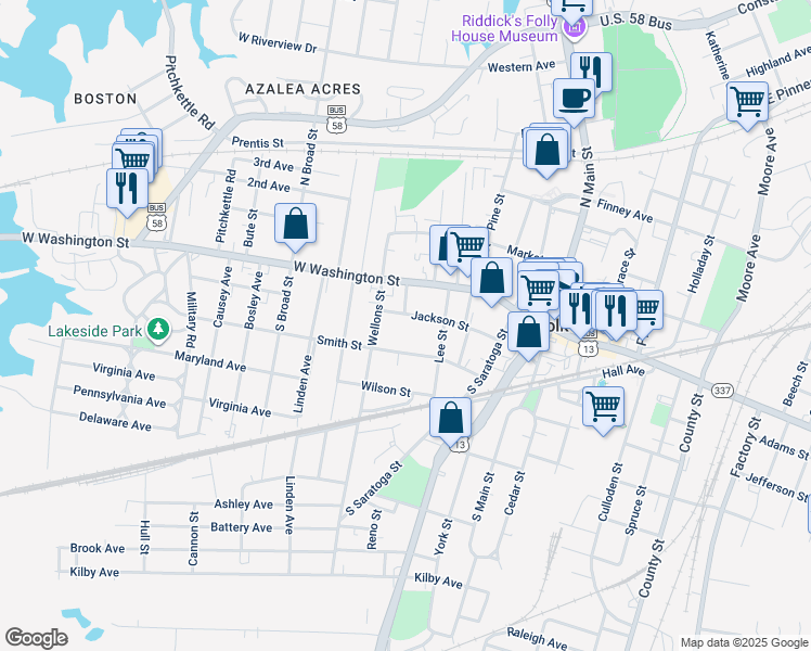 map of restaurants, bars, coffee shops, grocery stores, and more near 418 Smith Street in Suffolk