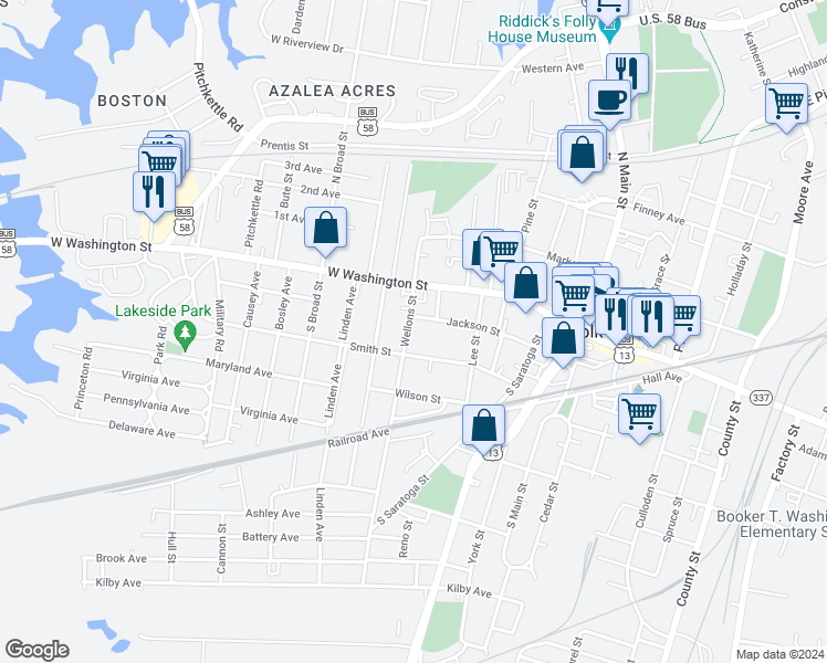 map of restaurants, bars, coffee shops, grocery stores, and more near 120 Wellons Street in Suffolk