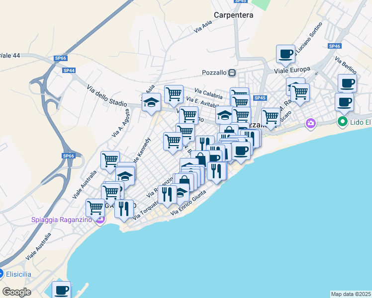 map of restaurants, bars, coffee shops, grocery stores, and more near 301 Via N. Bixio in Pozzallo