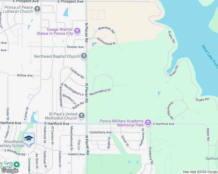 map of restaurants, bars, coffee shops, grocery stores, and more near 2706 Mockingbird Drive in Ponca City