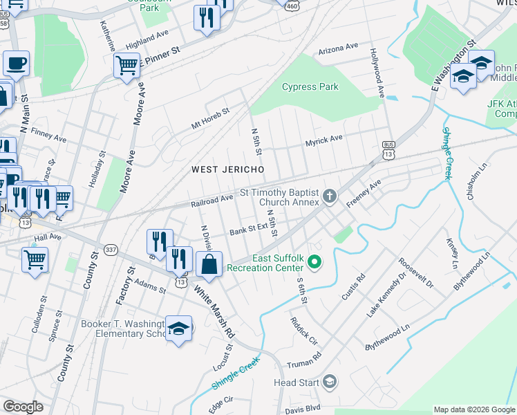 map of restaurants, bars, coffee shops, grocery stores, and more near 234 North 4th Street in Suffolk