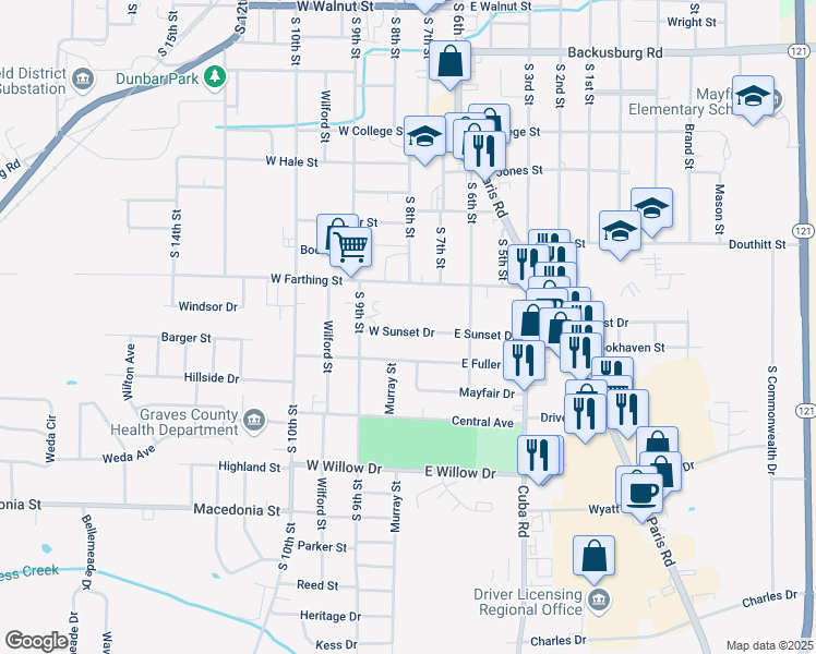 map of restaurants, bars, coffee shops, grocery stores, and more near 100-118 W Farthing St in Mayfield