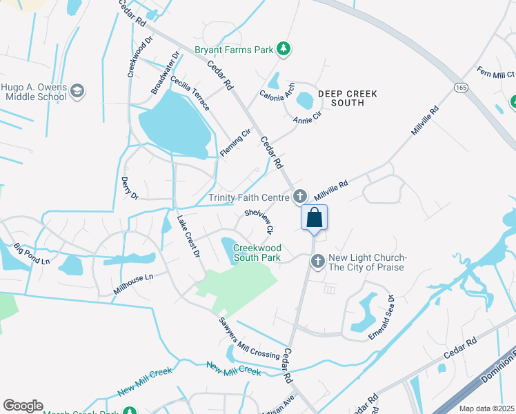map of restaurants, bars, coffee shops, grocery stores, and more near 530 Shelview Circle in Chesapeake