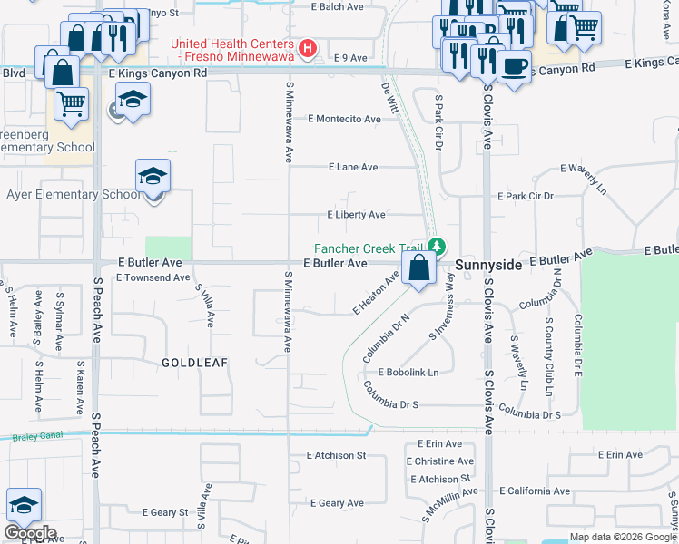 map of restaurants, bars, coffee shops, grocery stores, and more near 5443 East Butler Avenue in Fresno