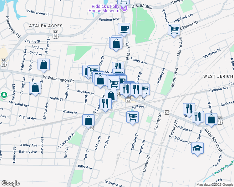 map of restaurants, bars, coffee shops, grocery stores, and more near 137 North Main Street in Suffolk