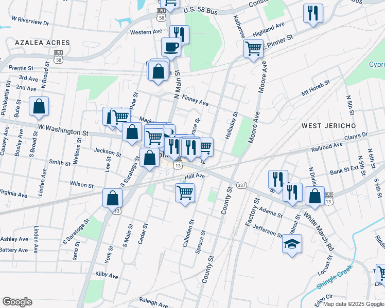 map of restaurants, bars, coffee shops, grocery stores, and more near 116 Franklin Street in Suffolk