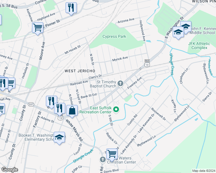 map of restaurants, bars, coffee shops, grocery stores, and more near 213 North 7th Street in Suffolk