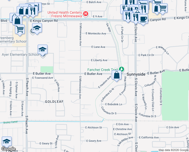 map of restaurants, bars, coffee shops, grocery stores, and more near 5443 East Butler Avenue in Fresno
