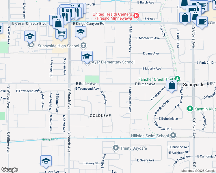 map of restaurants, bars, coffee shops, grocery stores, and more near 5339 East Butler Avenue in Fresno