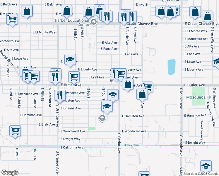 map of restaurants, bars, coffee shops, grocery stores, and more near 4127 East Butler Avenue in Fresno