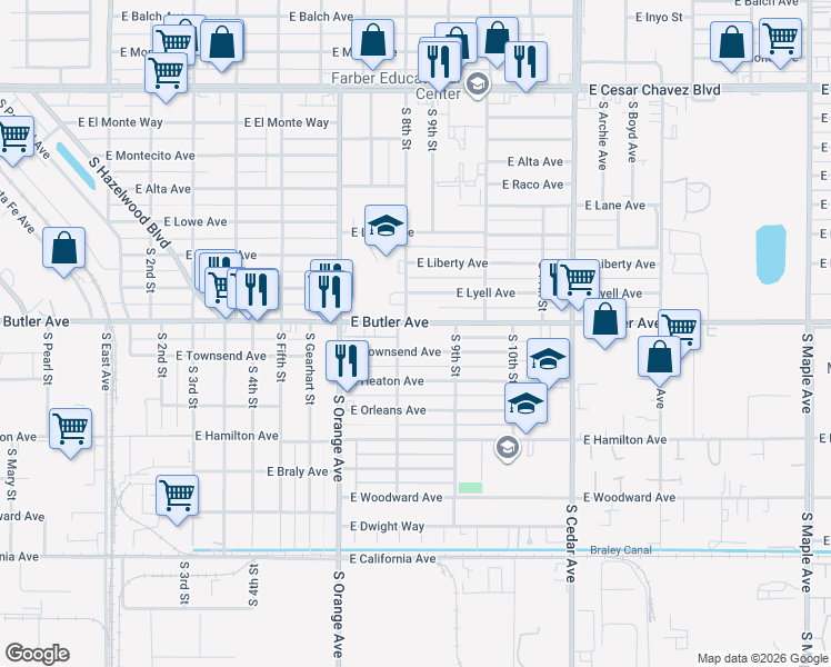 map of restaurants, bars, coffee shops, grocery stores, and more near 3845 East Butler Avenue in Fresno