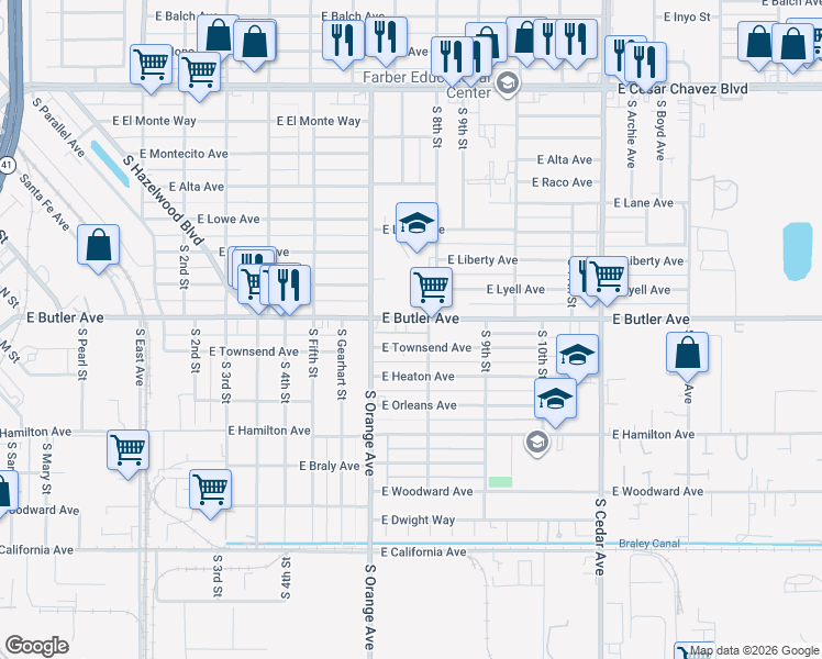 map of restaurants, bars, coffee shops, grocery stores, and more near 3743 East Butler Avenue in Fresno