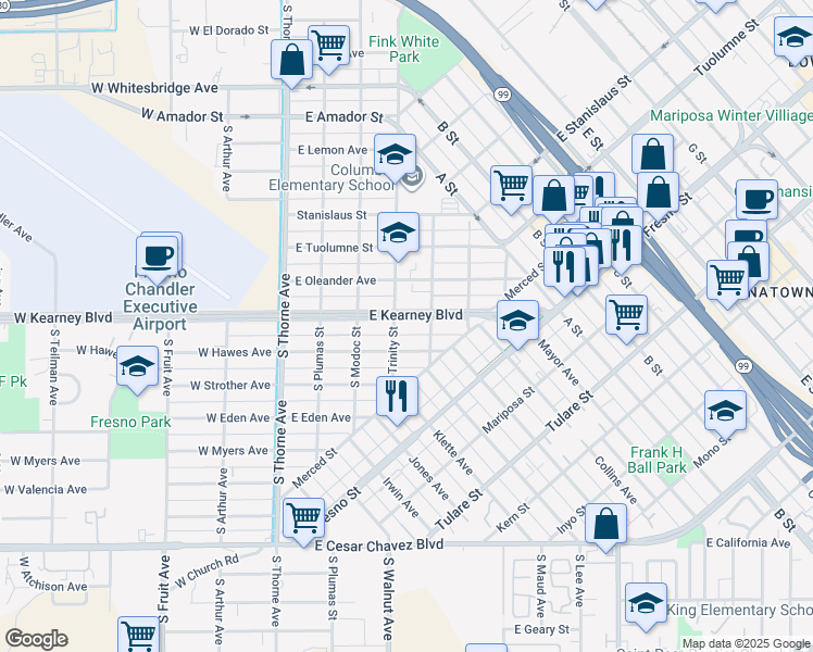 map of restaurants, bars, coffee shops, grocery stores, and more near 322 East Kearney Boulevard in Fresno