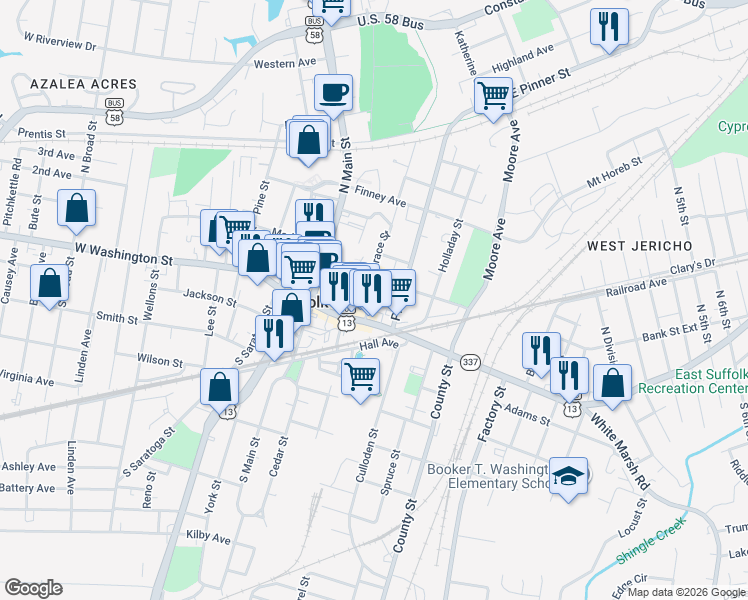 map of restaurants, bars, coffee shops, grocery stores, and more near 133 Bank Street in Suffolk