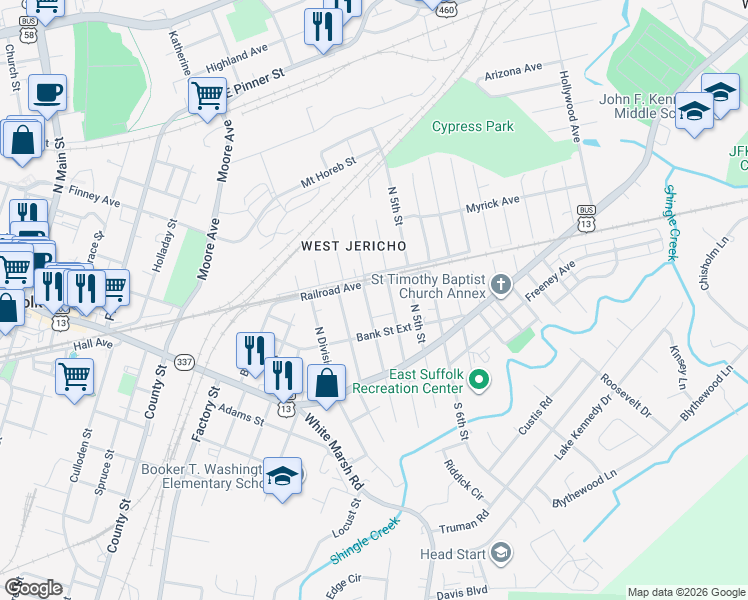 map of restaurants, bars, coffee shops, grocery stores, and more near 234 North 4th Street in Suffolk