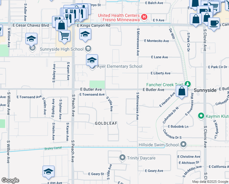 map of restaurants, bars, coffee shops, grocery stores, and more near 5339 East Butler Avenue in Fresno