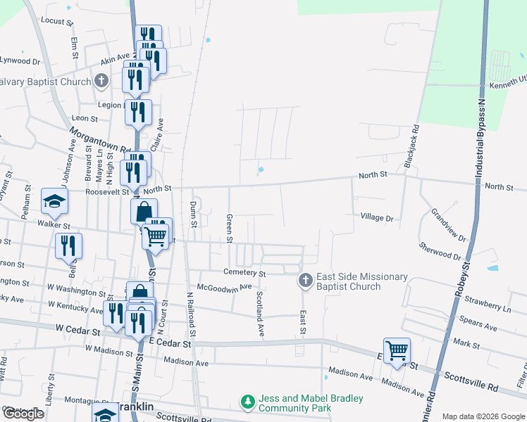 map of restaurants, bars, coffee shops, grocery stores, and more near 414 North Street in Franklin