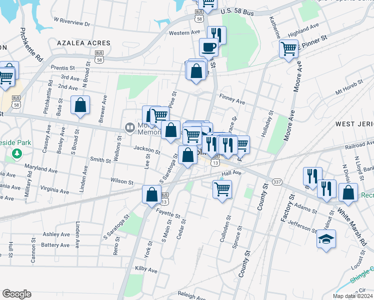 map of restaurants, bars, coffee shops, grocery stores, and more near 137 West Washington Street in Suffolk