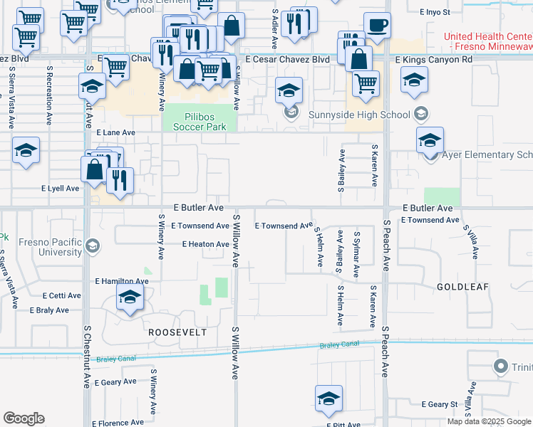 map of restaurants, bars, coffee shops, grocery stores, and more near 5040 East Butler Avenue in Fresno