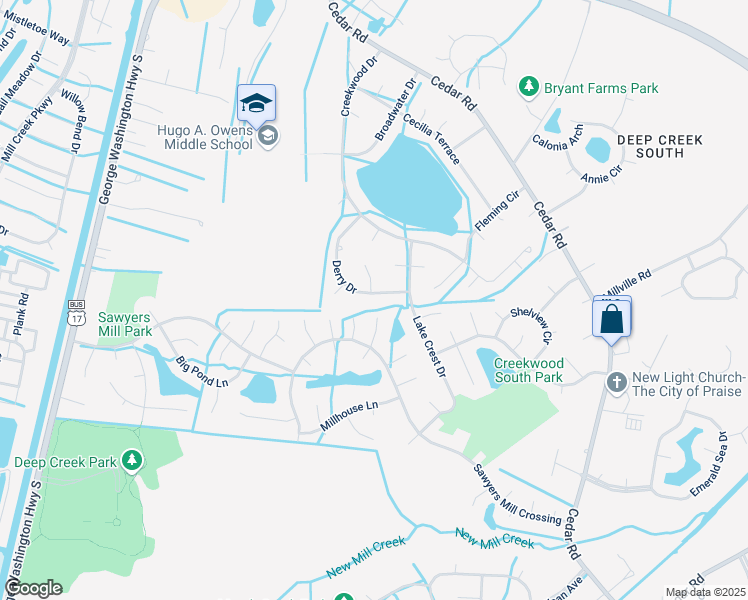 map of restaurants, bars, coffee shops, grocery stores, and more near 2767 Derry Drive in Chesapeake