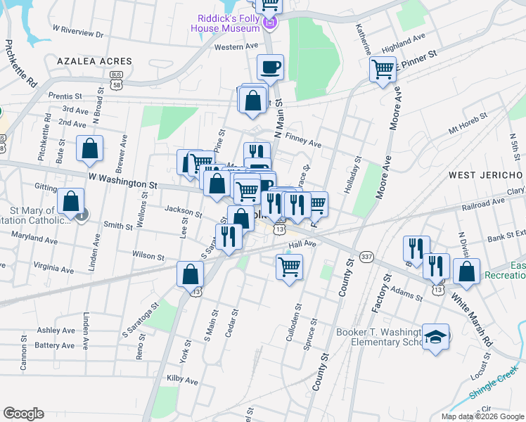 map of restaurants, bars, coffee shops, grocery stores, and more near 150 North Main Street in Suffolk