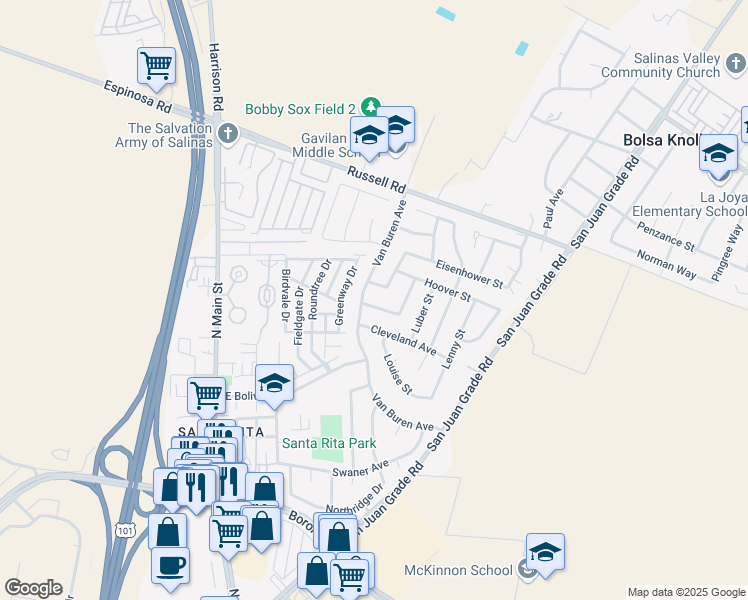 map of restaurants, bars, coffee shops, grocery stores, and more near 18611 Taylor Street in Salinas