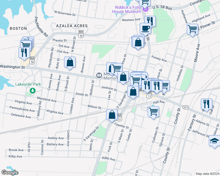 map of restaurants, bars, coffee shops, grocery stores, and more near Jackson Street in Suffolk