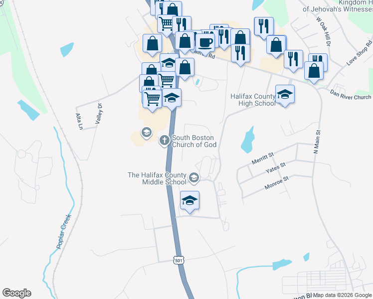 map of restaurants, bars, coffee shops, grocery stores, and more near 200 Sycamore Road in South Boston
