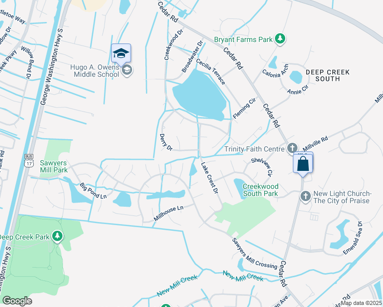 map of restaurants, bars, coffee shops, grocery stores, and more near 2772 Derry Drive in Chesapeake