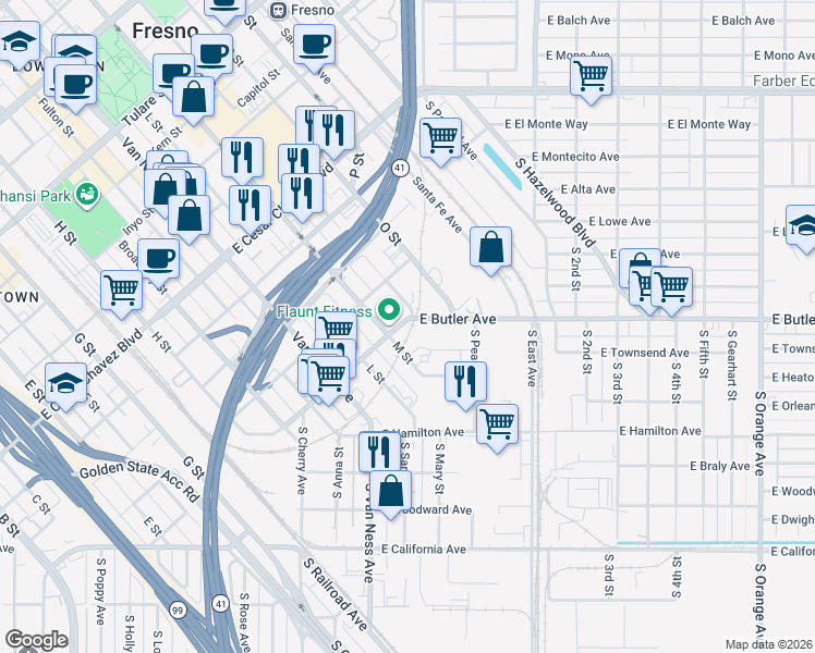 map of restaurants, bars, coffee shops, grocery stores, and more near 2902 East Butler Avenue in Fresno