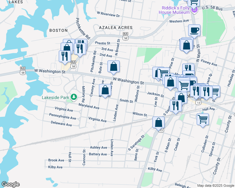 map of restaurants, bars, coffee shops, grocery stores, and more near 119 Linden Avenue in Suffolk