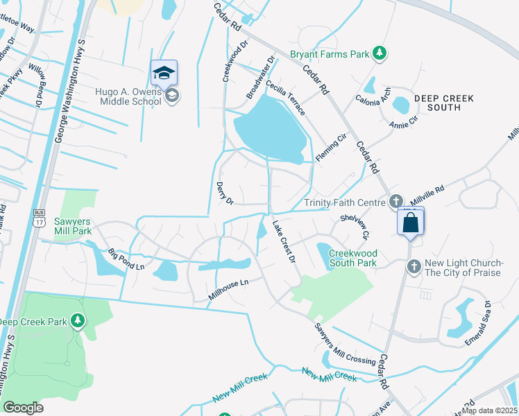 map of restaurants, bars, coffee shops, grocery stores, and more near 2772 Derry Drive in Chesapeake