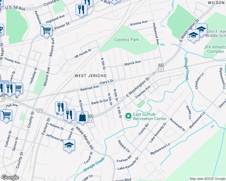 map of restaurants, bars, coffee shops, grocery stores, and more near 215 North 6th Street in Suffolk