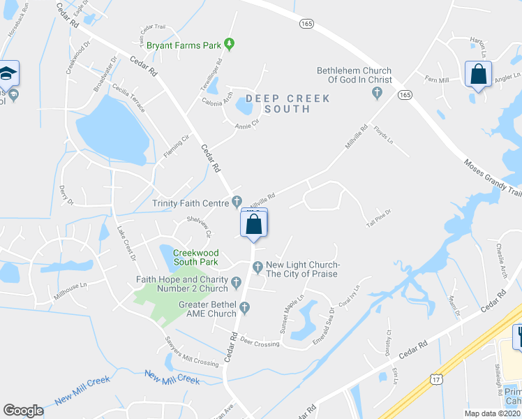 map of restaurants, bars, coffee shops, grocery stores, and more near 2251 Millville Road in Chesapeake
