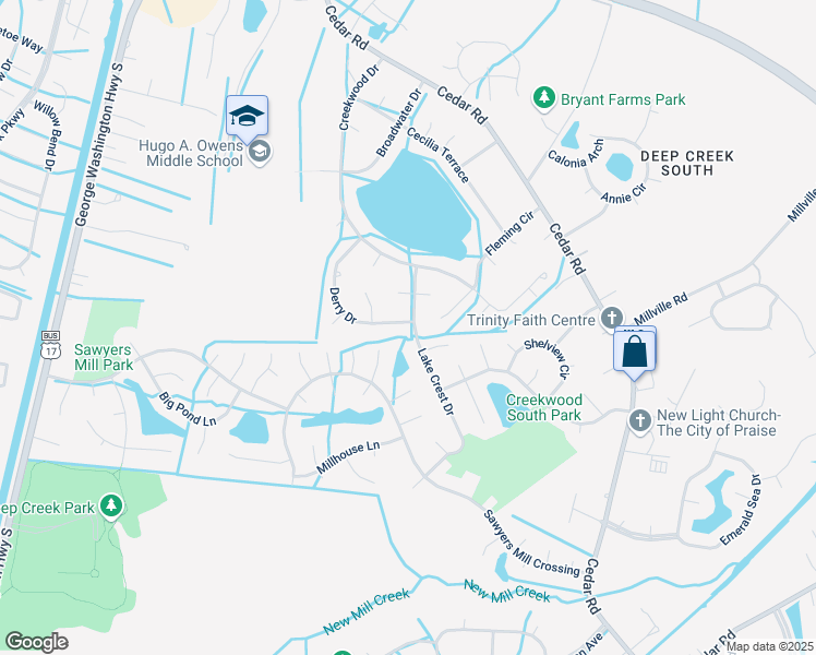 map of restaurants, bars, coffee shops, grocery stores, and more near 416 Lake Crest Drive in Chesapeake