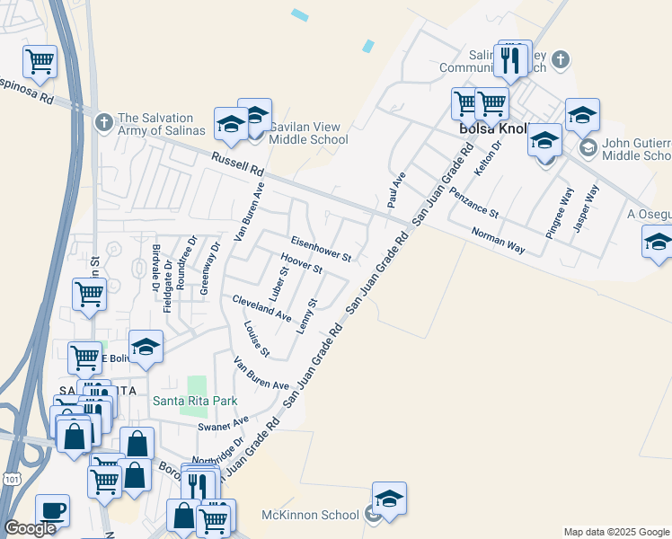 map of restaurants, bars, coffee shops, grocery stores, and more near 18821 Eisenhower Street in Salinas