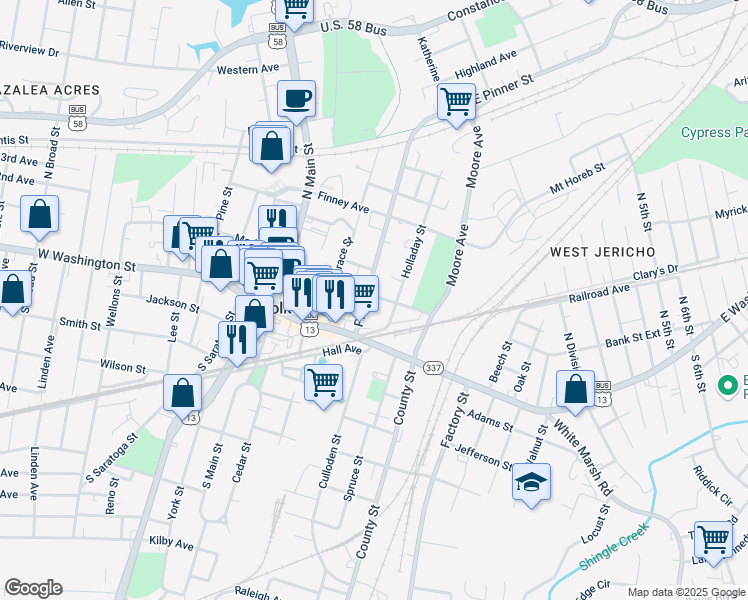 map of restaurants, bars, coffee shops, grocery stores, and more near 220 Bank Street in Suffolk