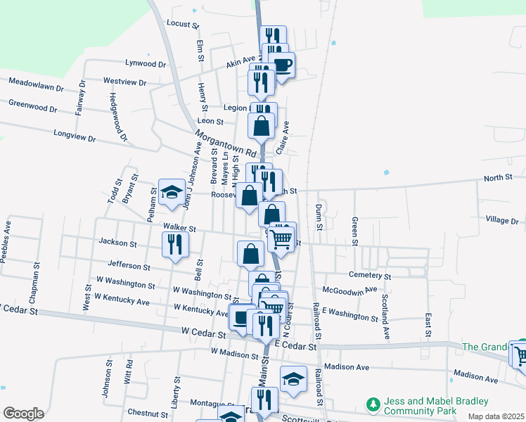 map of restaurants, bars, coffee shops, grocery stores, and more near 99 Roosevelt Street in Franklin