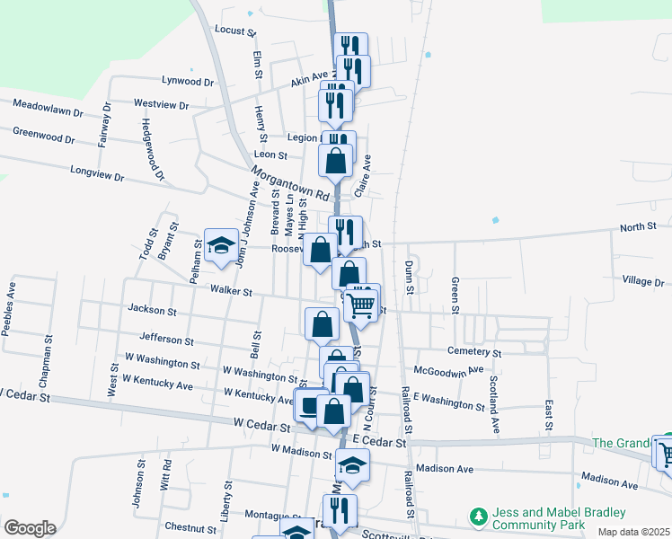 map of restaurants, bars, coffee shops, grocery stores, and more near 99 Roosevelt Street in Franklin