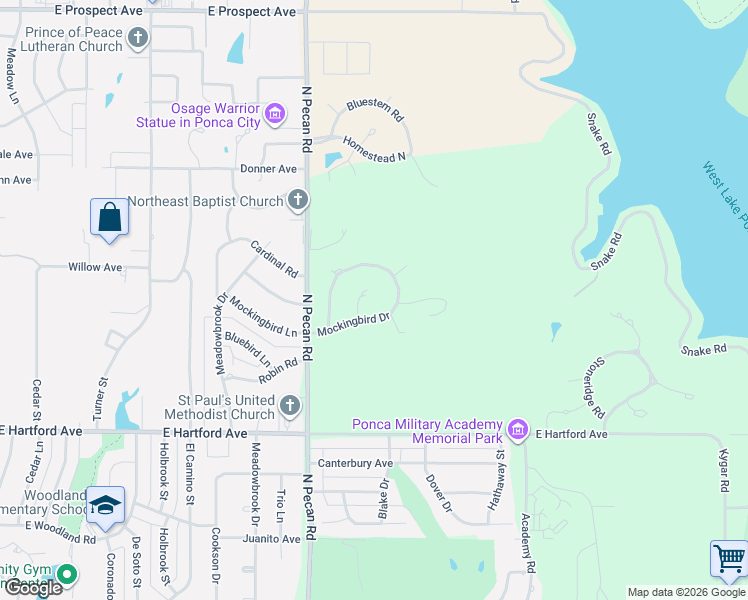 map of restaurants, bars, coffee shops, grocery stores, and more near 2615 Mockingbird Drive in Ponca City