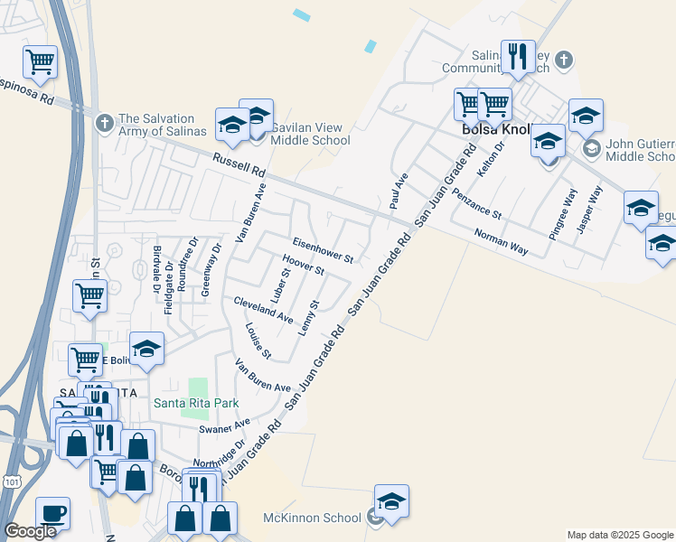 map of restaurants, bars, coffee shops, grocery stores, and more near 18821 Eisenhower Street in Salinas