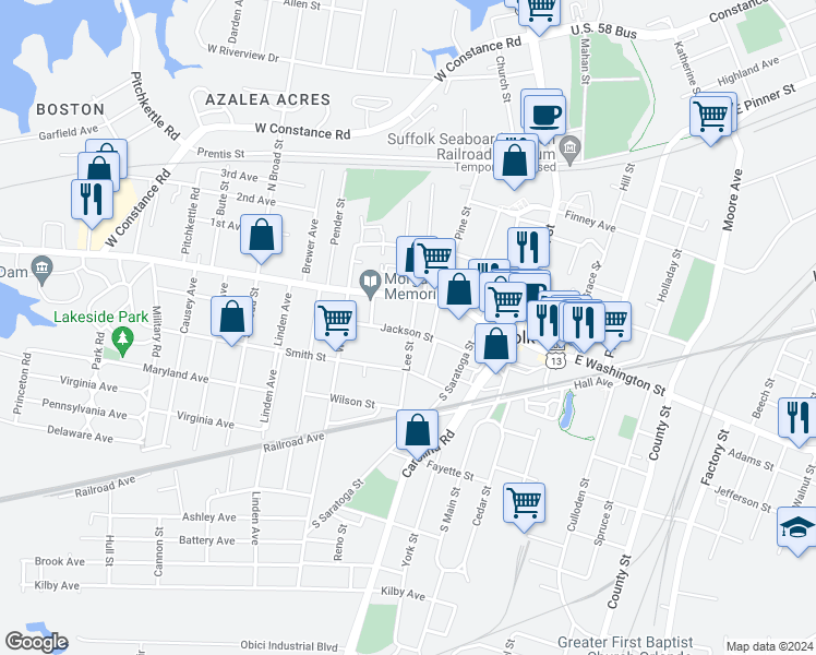 map of restaurants, bars, coffee shops, grocery stores, and more near 400 Jackson Street in Suffolk