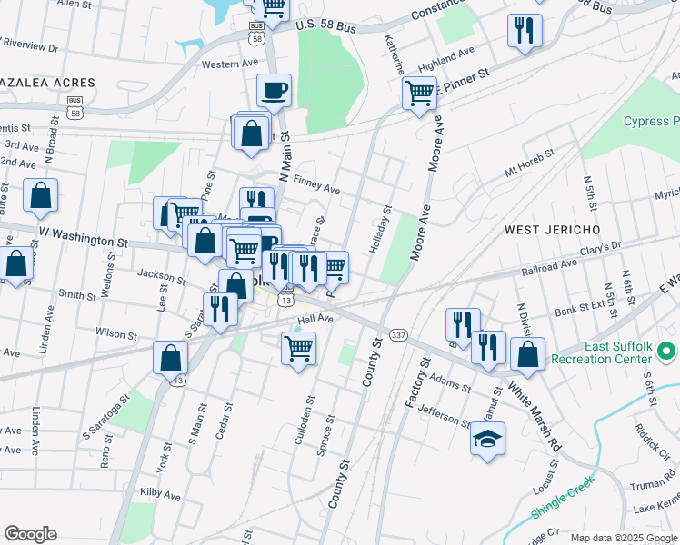 map of restaurants, bars, coffee shops, grocery stores, and more near 220 Bank Street in Suffolk