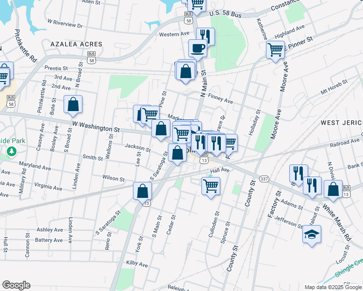 map of restaurants, bars, coffee shops, grocery stores, and more near 156 West Washington Street in Suffolk