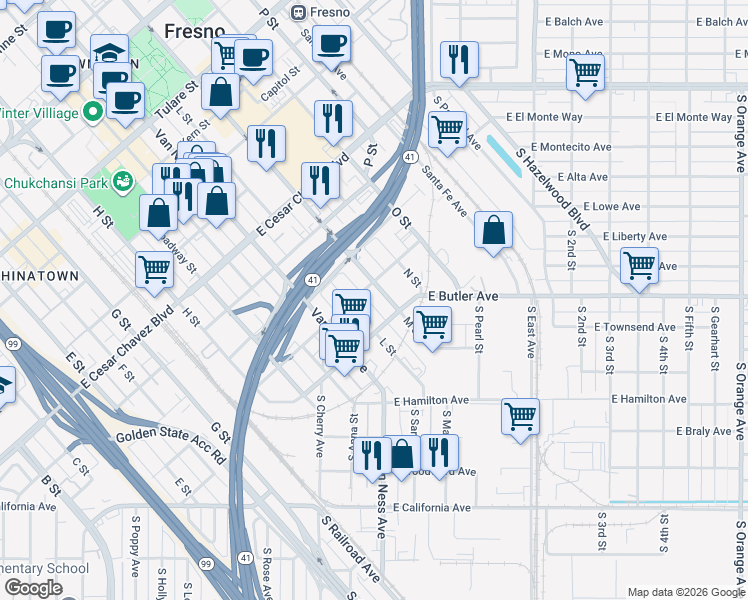 map of restaurants, bars, coffee shops, grocery stores, and more near in Fresno