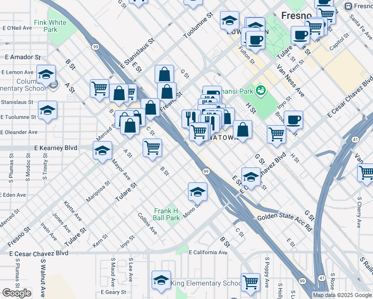 map of restaurants, bars, coffee shops, grocery stores, and more near Golden State Highway in Fresno