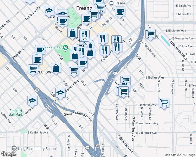 map of restaurants, bars, coffee shops, grocery stores, and more near 531 Fulton Street in Fresno