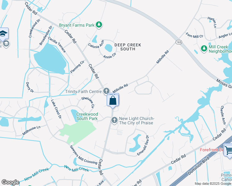 map of restaurants, bars, coffee shops, grocery stores, and more near 2251 Millville Road in Chesapeake