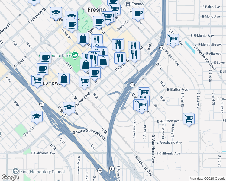 map of restaurants, bars, coffee shops, grocery stores, and more near 531 Fulton Street in Fresno